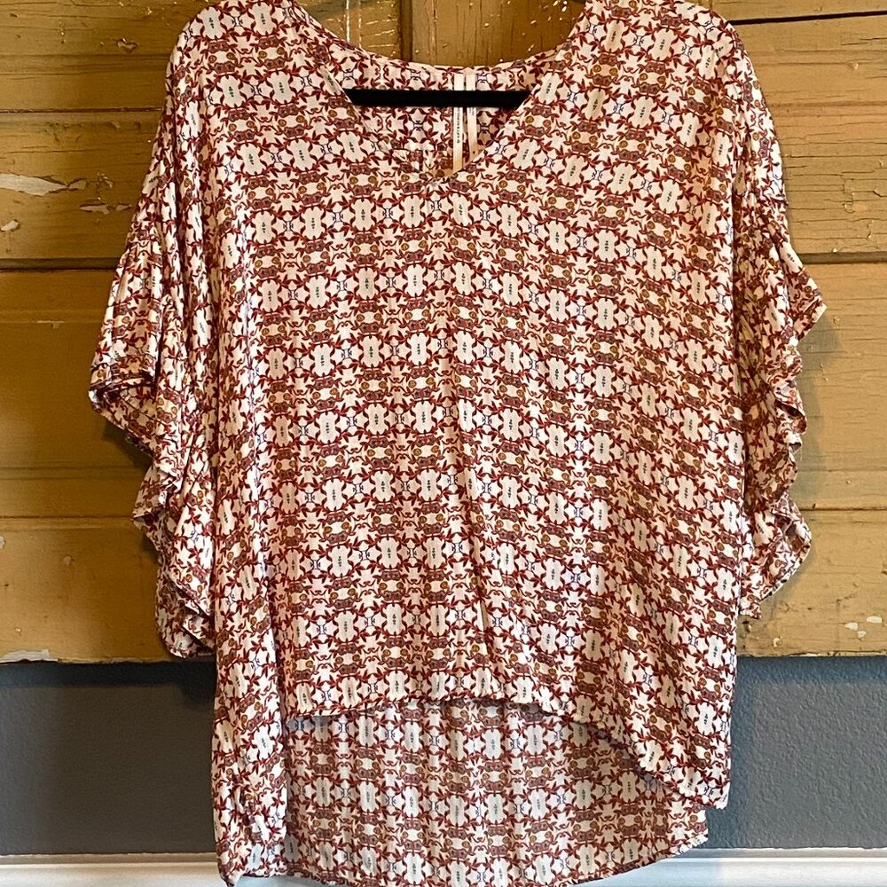 Anthropologie Satin Printed Shirt with Ruffle Sleeve